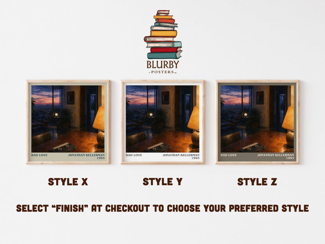 Bad Love literary print in frame leaning in hallway – thriller wall art (mockup)