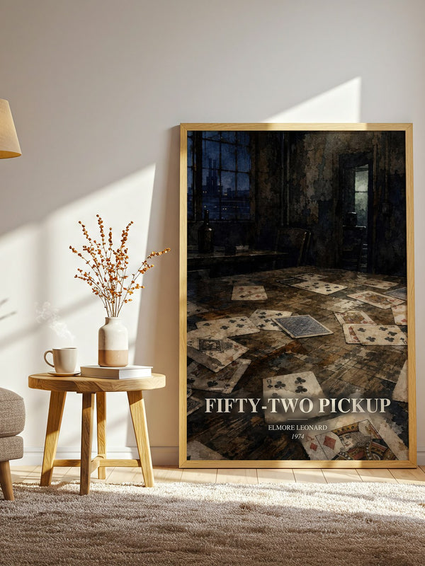 Fifty-Two Pickup watercolour print in frame leaning in hallway – crime wall art