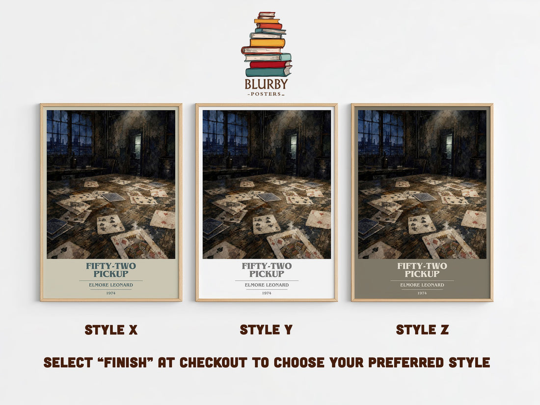 Fifty-Two Pickup book cover print in frame leaning in hallway – crime wall art (mockup)