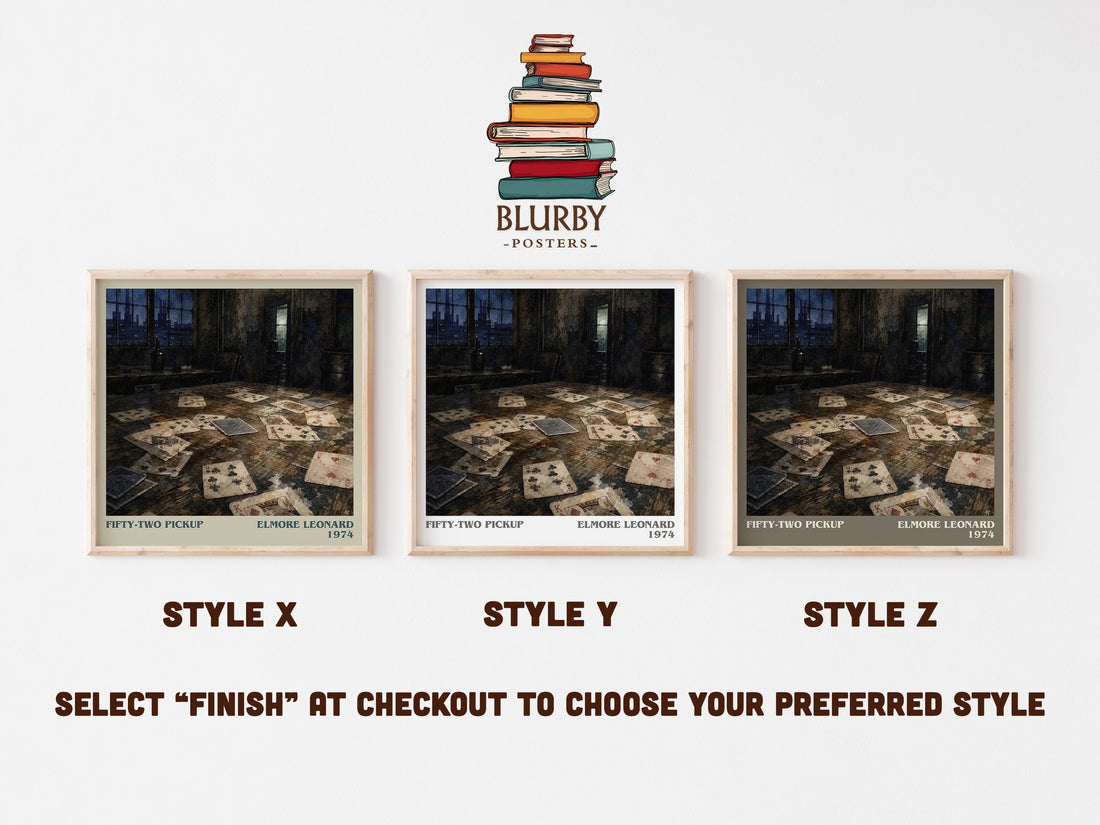 Fifty-Two Pickup literary print in frame leaning in hallway – crime wall art (mockup)