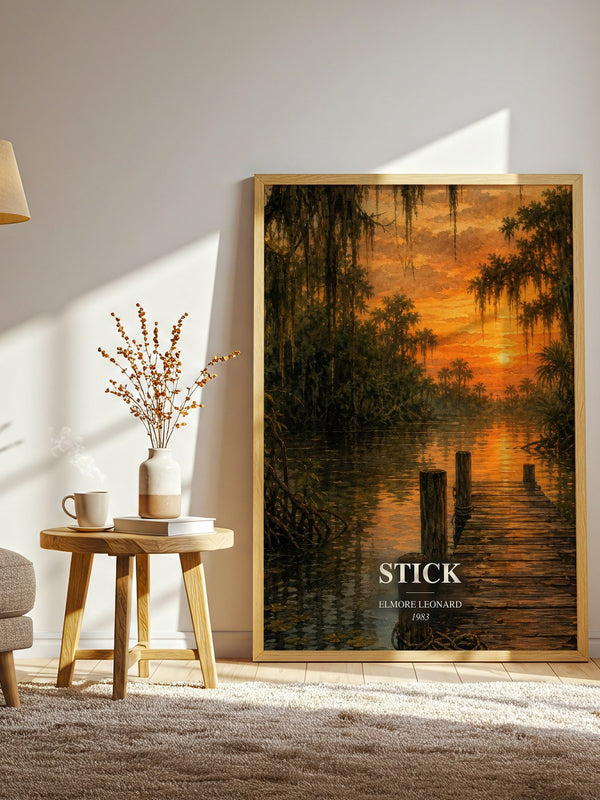 Stick watercolour print in frame leaning in hallway – crime wall art