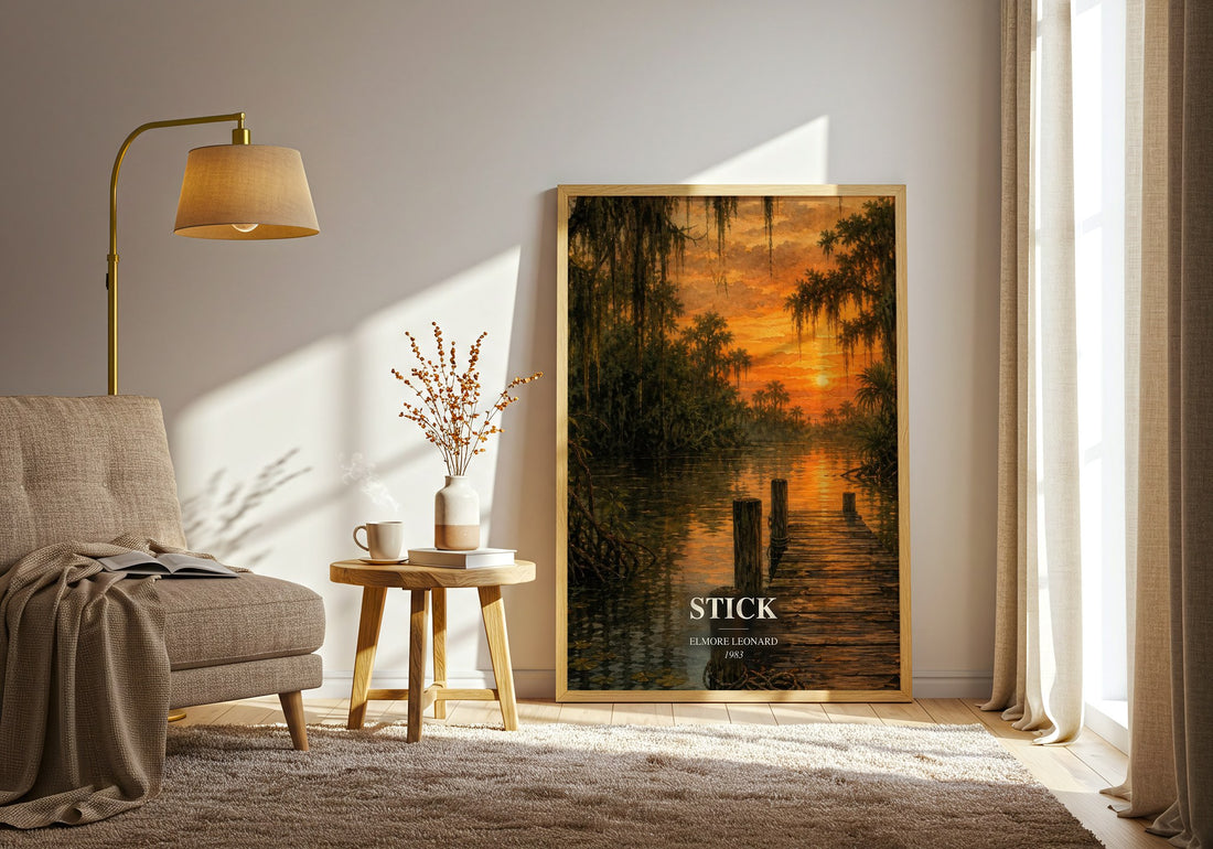 Stick watercolour print in frame leaning in hallway – crime wall art (mockup)