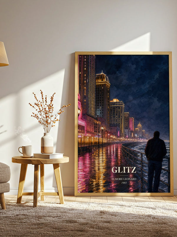Glitz watercolour print in frame leaning in hallway – crime wall art