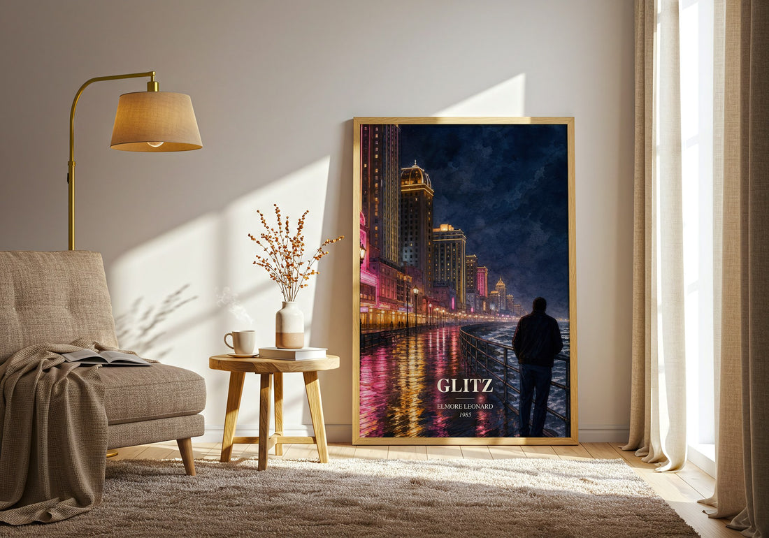 Glitz watercolour print in frame leaning in hallway – crime wall art (mockup)