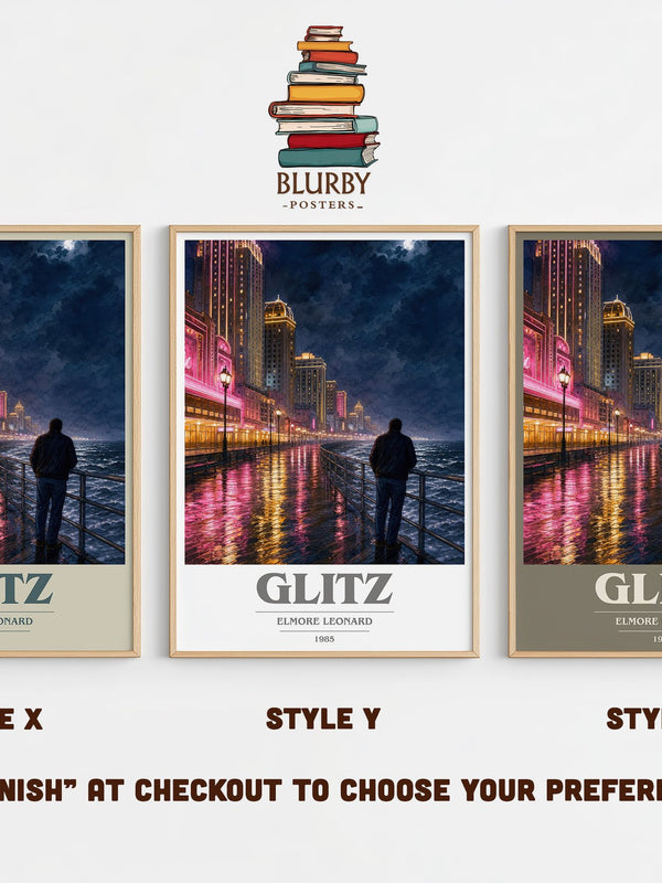 Glitz book cover print in frame leaning in hallway – crime wall art