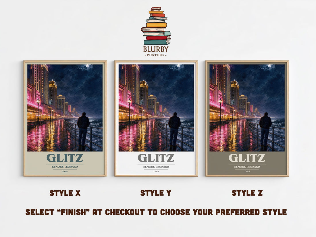 Glitz book cover print in frame leaning in hallway – crime wall art (mockup)