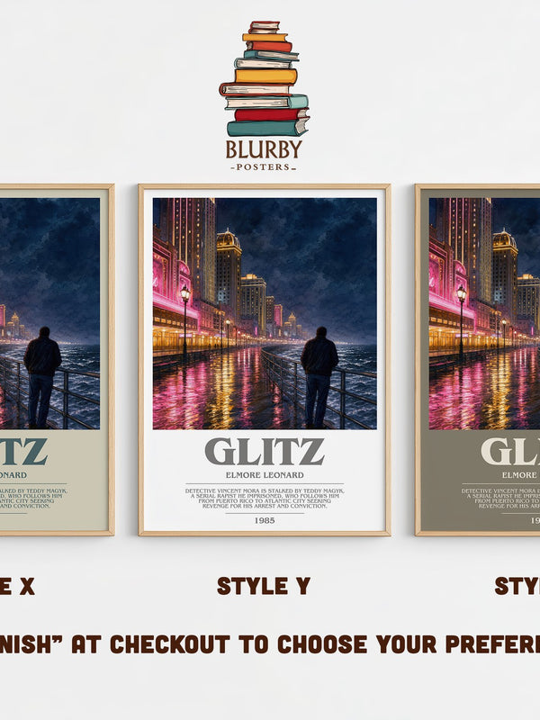 Glitz bookish print in frame leaning in hallway – crime wall art
