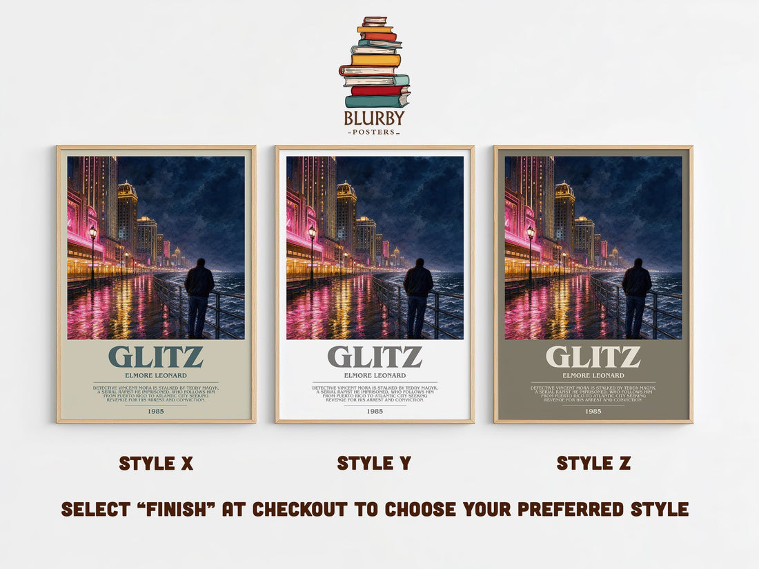 Glitz bookish print in frame leaning in hallway – crime wall art (mockup)