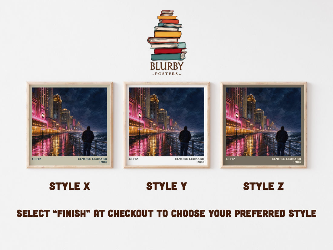 Glitz literary print in frame leaning in hallway – crime wall art (mockup)