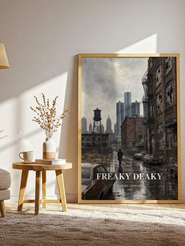 Freaky Deaky watercolour print in frame leaning in hallway – crime wall art