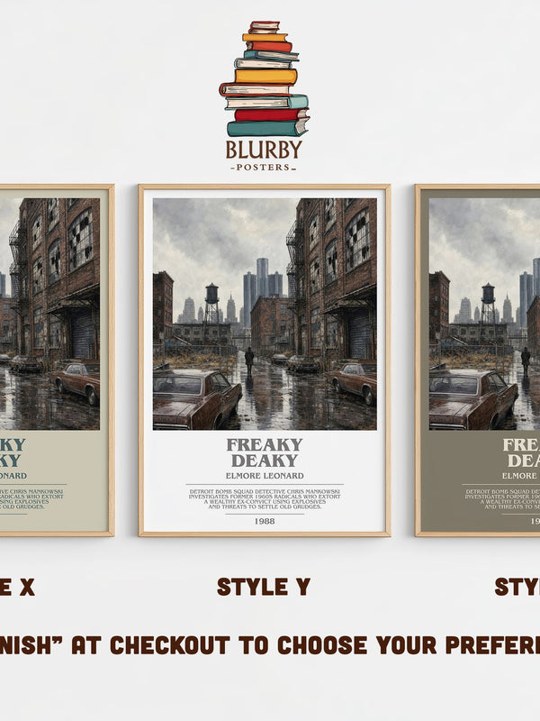 Freaky Deaky bookish print in frame leaning in hallway – crime wall art