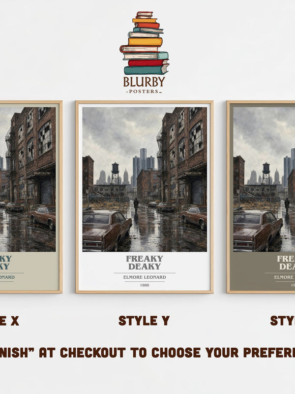 Freaky Deaky book cover print in frame leaning in hallway – crime wall art