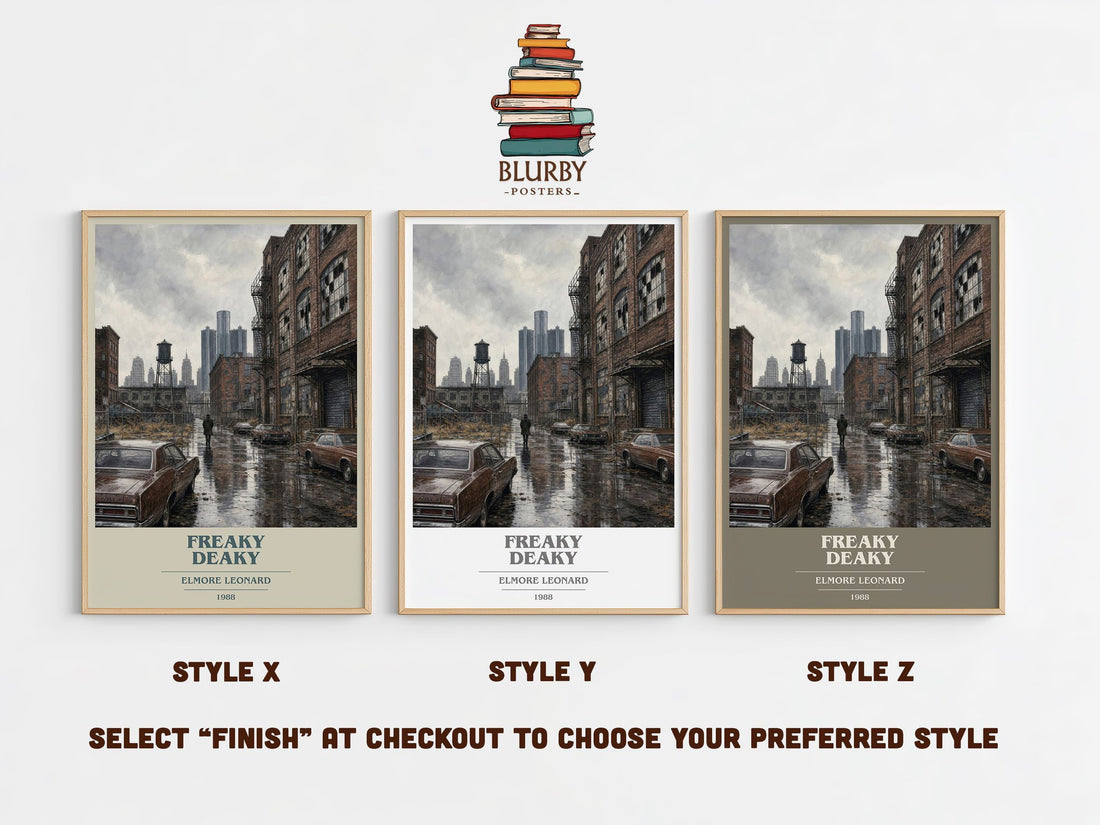 Freaky Deaky book cover print in frame leaning in hallway – crime wall art (mockup)