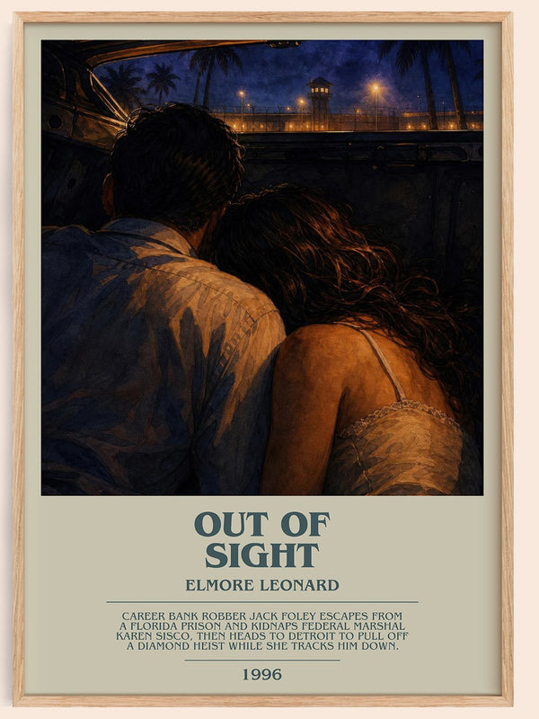 Out of Sight bookish book poster by Elmore Leonard – framed literary art print