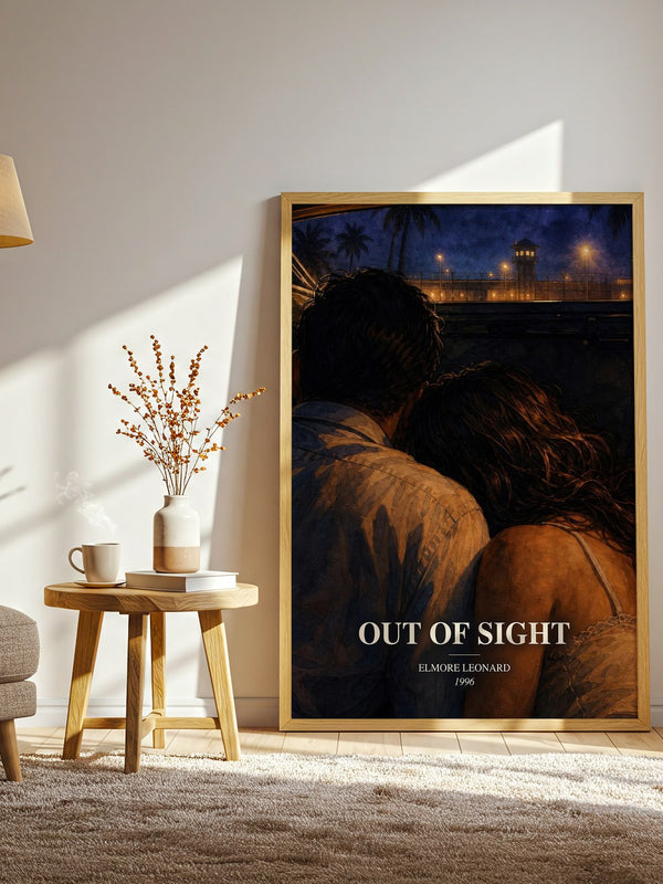 Out of Sight watercolour print in frame leaning in hallway – crime wall art