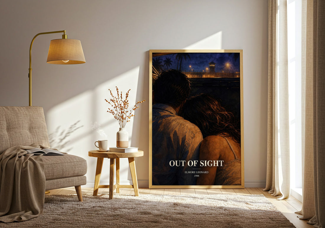 Out of Sight watercolour print in frame leaning in hallway – crime wall art (mockup)