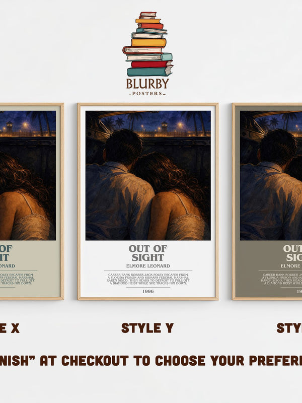 Out of Sight bookish print in frame leaning in hallway – crime wall art