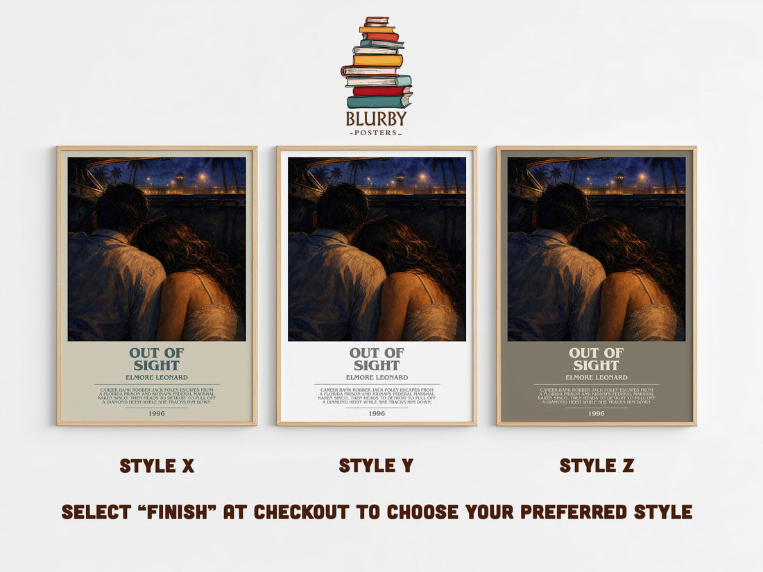 Out of Sight bookish print in frame leaning in hallway – crime wall art (mockup)