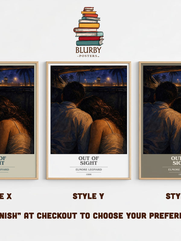 Out of Sight book cover print in frame leaning in hallway – crime wall art