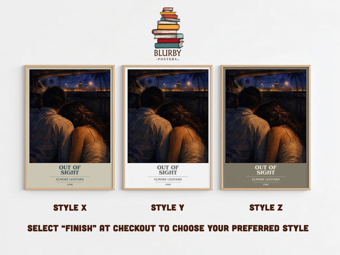 Out of Sight book cover print in frame leaning in hallway – crime wall art (mockup)