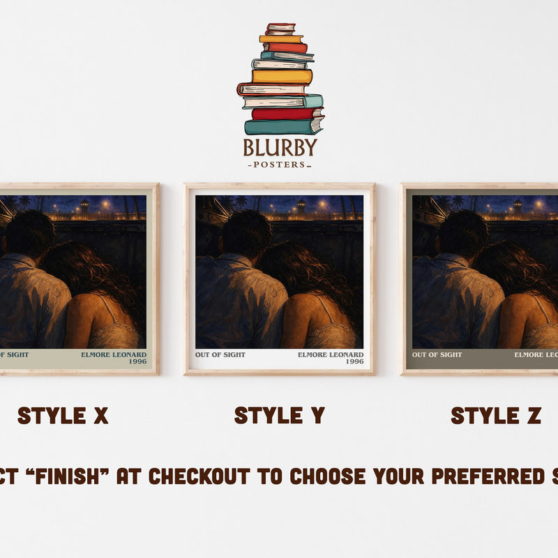 Out of Sight literary print in frame leaning in hallway – crime wall art