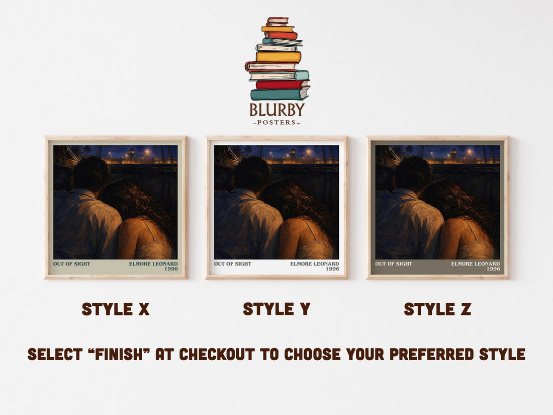Out of Sight literary print in frame leaning in hallway – crime wall art (mockup)