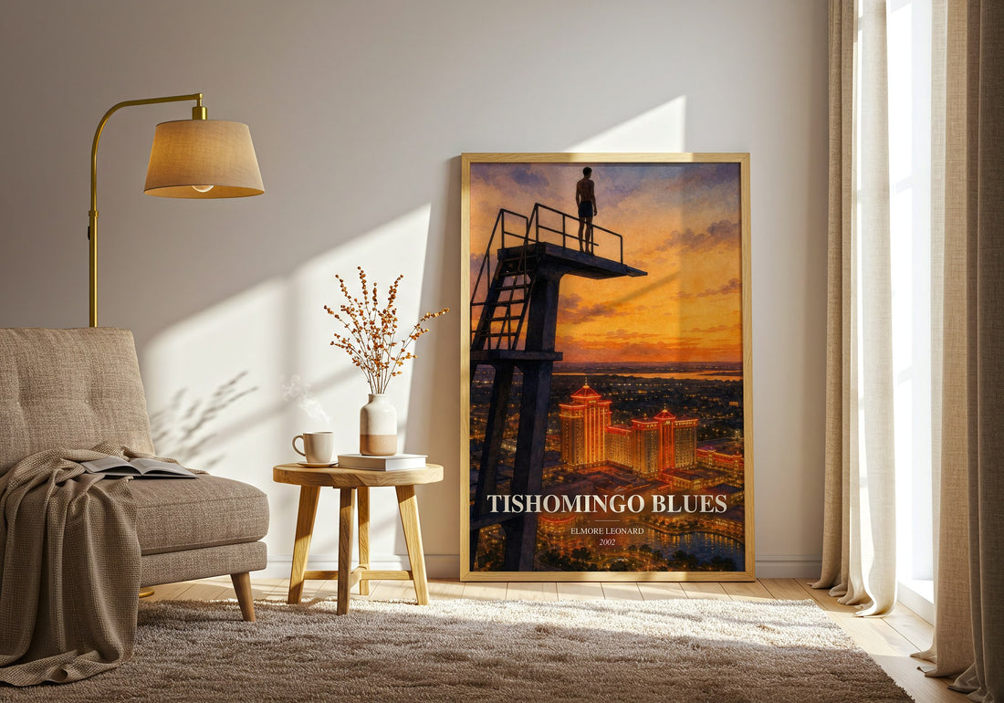 Tishomingo Blues watercolour print in frame leaning in hallway – crime wall art (mockup)