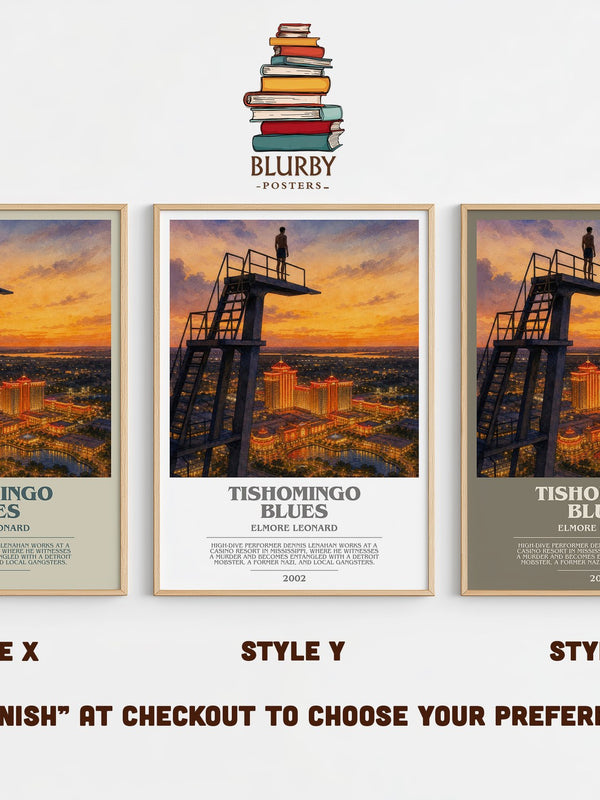 Tishomingo Blues bookish print in frame leaning in hallway – crime wall art