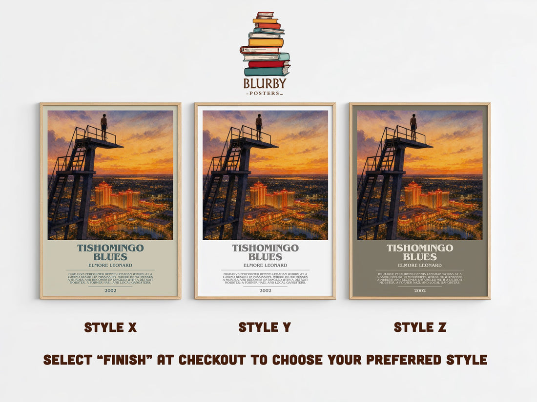 Tishomingo Blues bookish print in frame leaning in hallway – crime wall art (mockup)