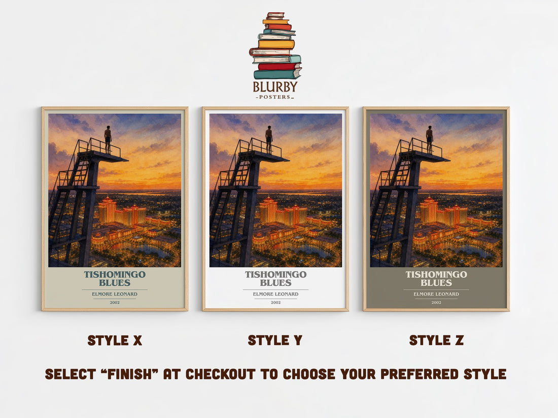 Tishomingo Blues book cover print in frame leaning in hallway – crime wall art (mockup)
