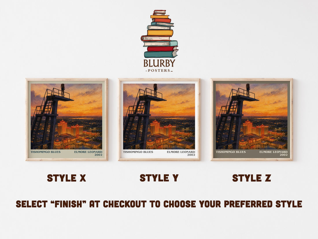 Tishomingo Blues literary print in frame leaning in hallway – crime wall art (mockup)