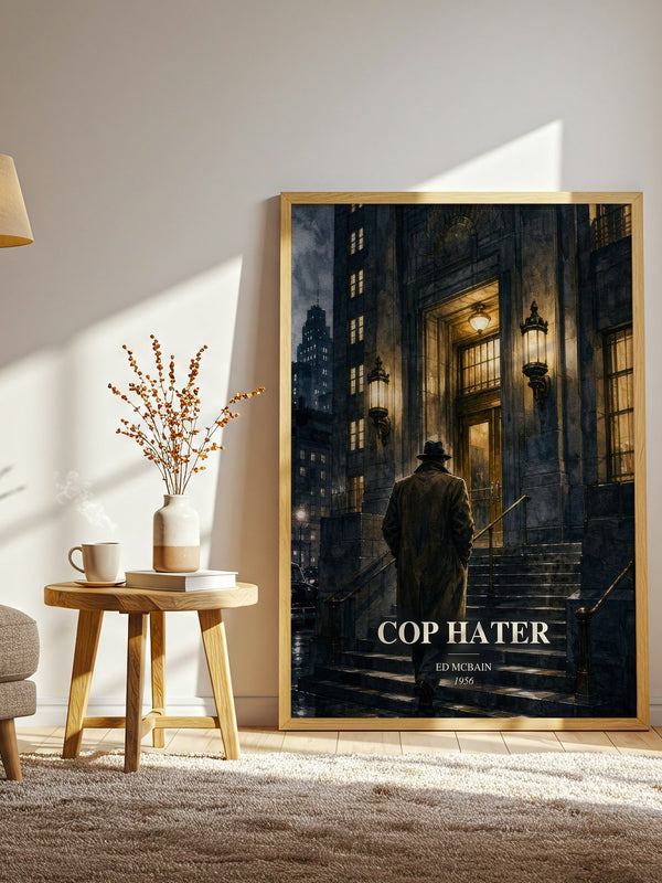 Cop Hater watercolour print in frame leaning in hallway – crime wall art