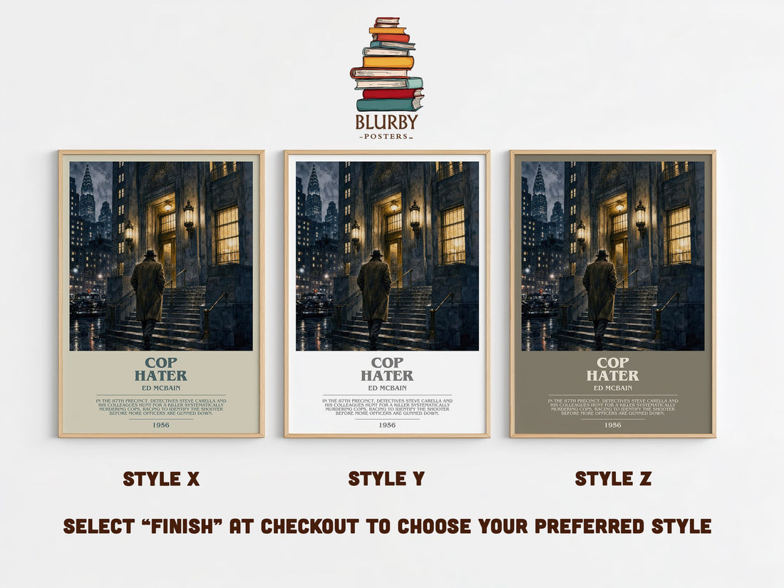 Cop Hater bookish print in frame leaning in hallway – crime wall art (mockup)