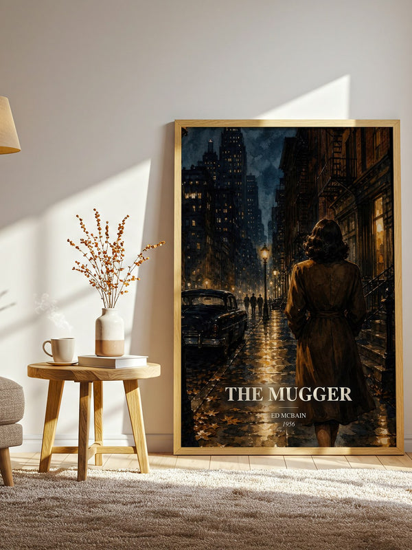 The Mugger watercolour print in frame leaning in hallway – crime wall art