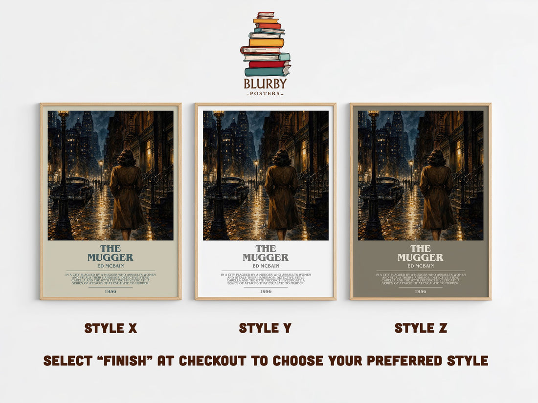 The Mugger bookish print in frame leaning in hallway – crime wall art (mockup)
