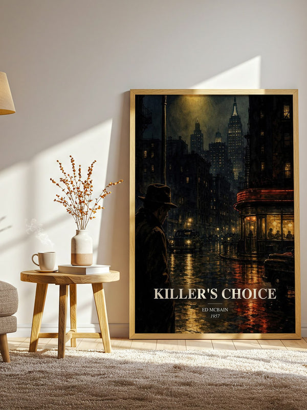 Killer's Choice watercolour print in frame leaning in hallway – crime wall art