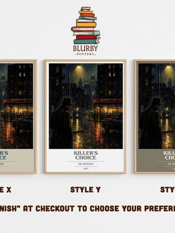 Killer's Choice book cover print in frame leaning in hallway – crime wall art