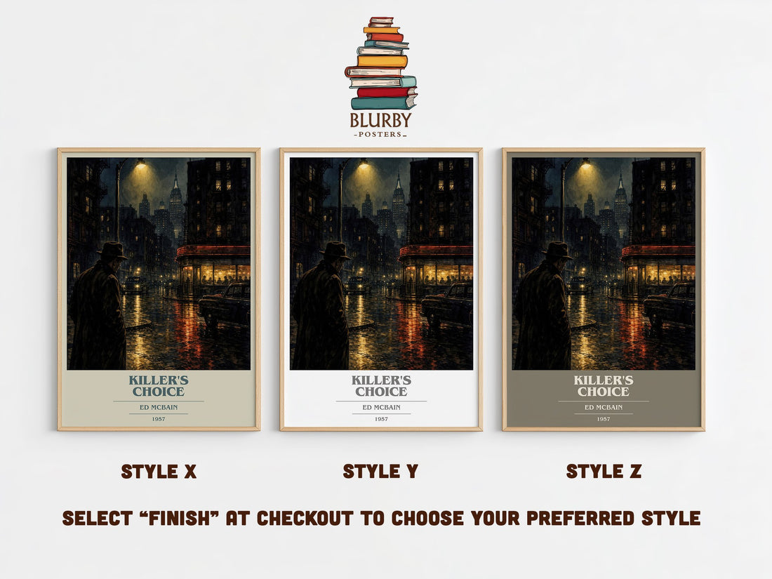 Killer's Choice book cover print in frame leaning in hallway – crime wall art (mockup)