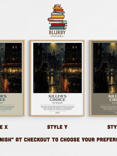 Killer's Choice bookish print in frame leaning in hallway – crime wall art
