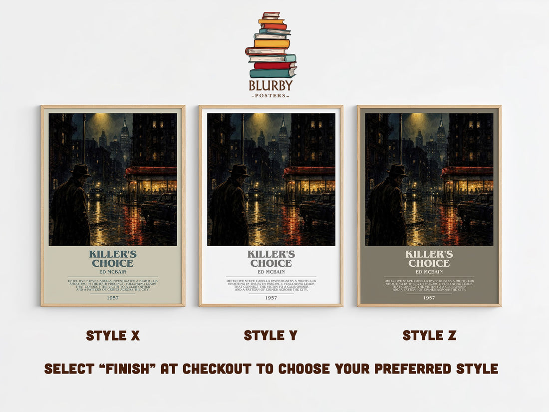 Killer's Choice bookish print in frame leaning in hallway – crime wall art (mockup)