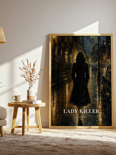 Lady Killer watercolour print in frame leaning in hallway – crime wall art