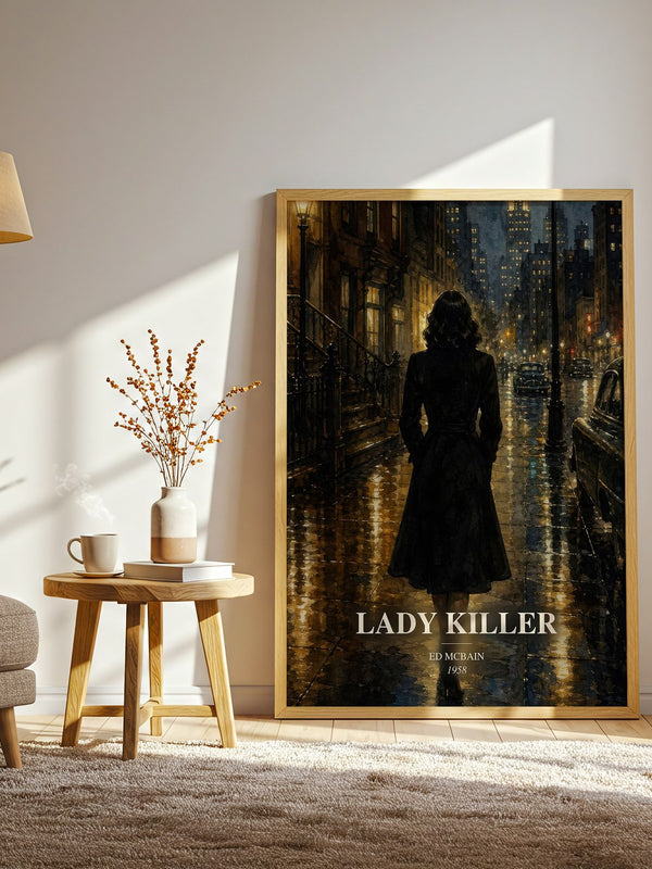 Lady Killer watercolour print in frame leaning in hallway – crime wall art