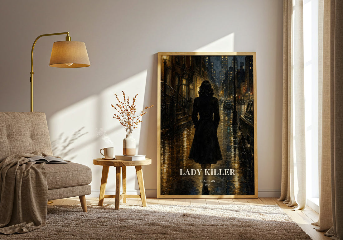 Lady Killer watercolour print in frame leaning in hallway – crime wall art (mockup)