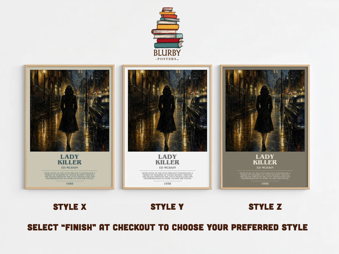 Lady Killer bookish print in frame leaning in hallway – crime wall art (mockup)