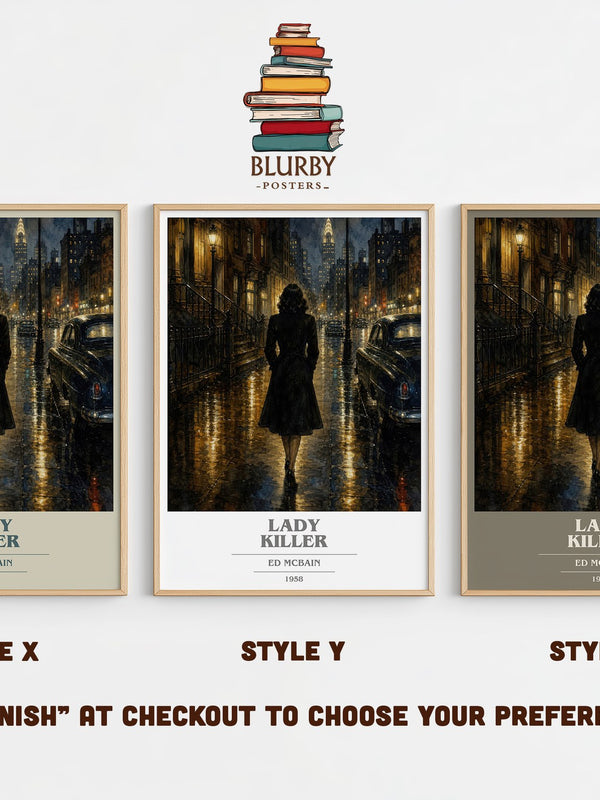 Lady Killer book cover print in frame leaning in hallway – crime wall art