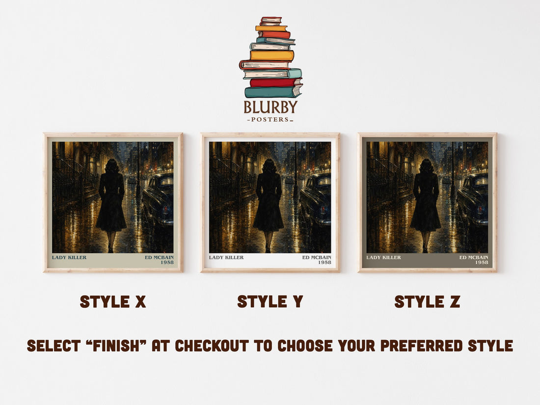 Lady Killer literary print in frame leaning in hallway – crime wall art (mockup)