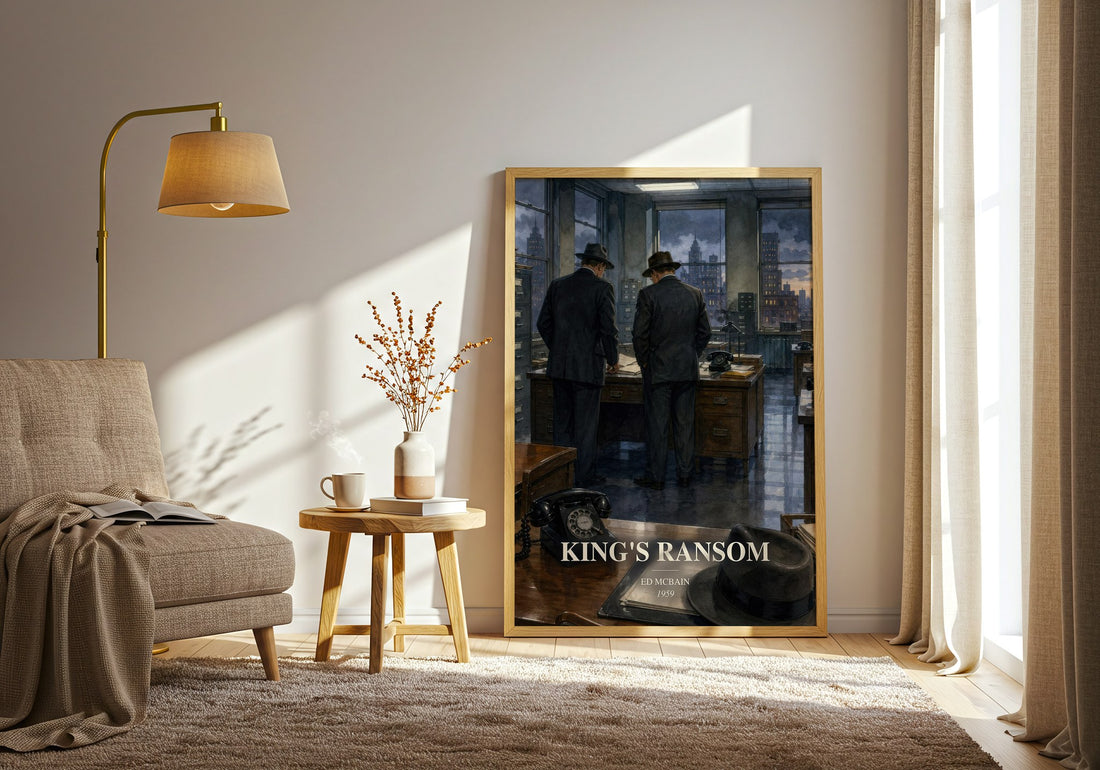 King's Ransom watercolour print in frame leaning in hallway – crime wall art (mockup)