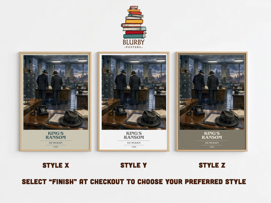 King's Ransom book cover print in frame leaning in hallway – crime wall art (mockup)