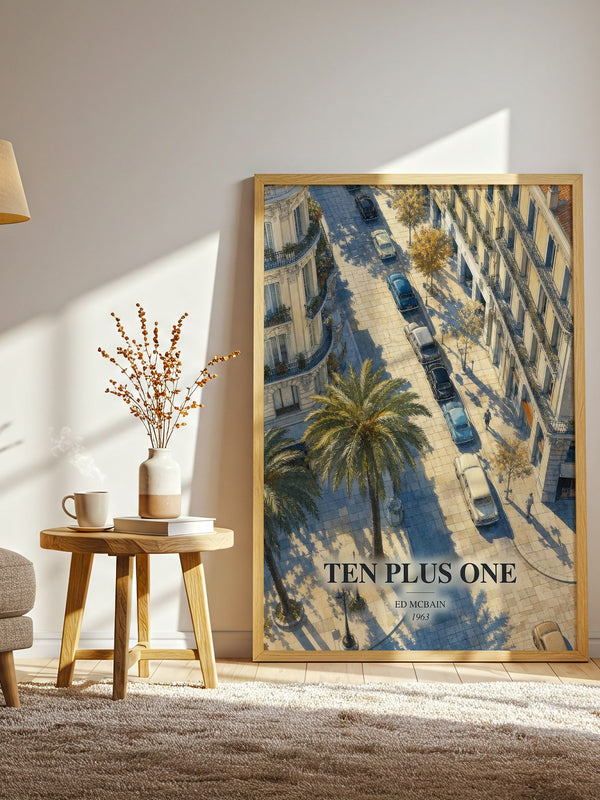 Ten Plus One watercolour print in frame leaning in hallway – crime wall art