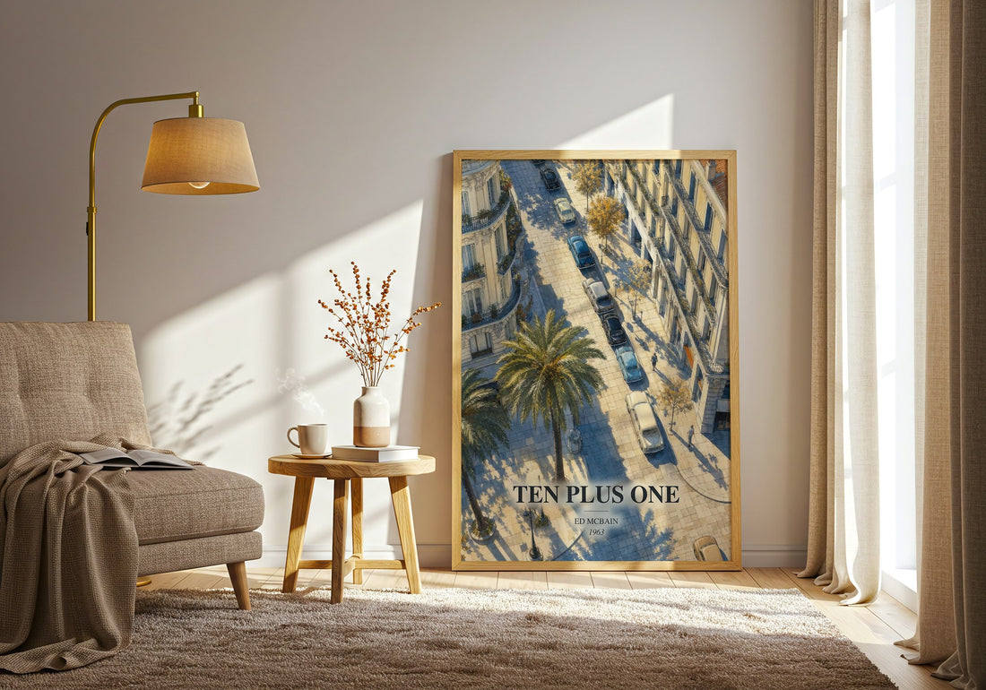 Ten Plus One watercolour print in frame leaning in hallway – crime wall art (mockup)